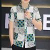 Men's Casual Shirts Fashion Lapel Printed Letter Houndstooth Mens Clothing 2024 Summer New Loose Short Sleeve Tops Korean 24416