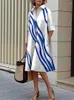 Casual Dresses Lemongor Female Stylish Striped Printed Long Sleeves Lapel Elegant Evening Dress Spring Autumn Loose Office Work Midi