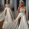 Vintage sukienka liniowa dla panny młodej peery jubile perły satynowe sukienki ślubne suknie ślubne vestidos novia uda kraje dzielone szata de Mariage