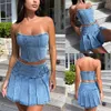 Sexig sommarutläder kvinnor mode jean klänning med kjol 2 stycke uppsättningar bustier blå denim två outfit split set 240408