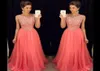 Pink Prom Dresses Crystal Beading Formal Long Graduation Dresses 2019 med en Line Jewel Neck Cap ärmar ZIP BACK BALL GOWNS5622346