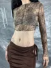 Women's T Shirts Round Neck Mesh Printed Open Navel Top Collar Gauze Print Midriff-Baring Female