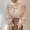 Blouses voor dames witte lange mouw parelbutton Cardigan shirt lente zomer vrouwen sexy haak bloemen hol blouse zie door kanten gaashop