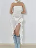 Casual Dresses Women Summer Dress Flower Decor Strapless Frill Irregular Midi See Through Beach Club Sexy Y2K Aesthetic