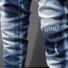 Men's Jeans High Street Fashion Split Vintage Washed Blue Elastic Slim Fit Designer Denim Pencil Pants Hombr