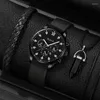 Montre-bracelets 3pcs Set Fashion Mens Calendar Watchs Men Business Casual Hand Corde Collier Black Nylon Strap Quartz Watch Relogie Masculino