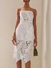 Casual Dresses Women Celebrity Sexy Strapless Backless Lace White Midi Bodycon Bandage Dress Evening Stage Performance Vestido