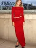 Sukienki zwyczajne Abdieso sukienka seksowna impreza 2 sztuki ustawione kobiety z ramion 2024 Topy z długim rękawem i podzielona spódnica w dopasowaniu