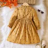 Girl Dresses Children Dress for Girls da 4 a 7 anni con increspatura a maniche lunghe con stampa floreale giallo inverno in inverno con borsa a tracolla