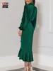 Casual Dresses Elegant Party for Women's Luxury Slim Split Long Sleeve Midi Dress with Ruffles Vintage Solid Satin Oregelbunden 3005