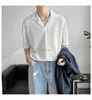 Caaz heren casual shirts jonge heren licht Cubaans kraag shirt korte mouwen mode gebreide los t-shirt zwart wit grijs camisas 240417