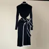 Casual Dresses High Tight Waist Dress Elegant Vintage Neck Maxi With Belted Split Hem Women's Slim Fit Knitted Sheath