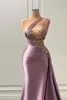 Fancy Lila Mermaid Avond Jurken Sheer Appliques Beads One Shoulder Ploes Ruches Long Women Accession Party Jurken Prom Draagt BC18634