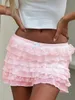 Michellecmm Women Y2K Ruffle Lace Mini Skirt Low Rise Floral Layered Hem Skater White Pink Sexy Short Streetwear 240416