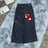 Y2K Denim Shorts Men Street Punk Hip Hop Anime Impresión corta Decoración de bolsillo múltiple Vintage Trendy Holgado Longitud de rodilla informal 240410
