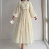 Robes décontractées boutique femmes revers en dentelle longue robe en une seule pièce à manches à manches purs avec ceinture de fête de printemps