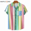 Camisas casuais masculinas Camisa havaiana homens listras arco -íris Multicolor Impresso de manga curta Cola cubana de seda de seda