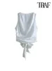 TRAF Women Fashion с привязанной атласной спинкой открытой урожая винтажные o шея рукавицы женские рубашки Blusas Chic Tops 240407