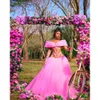 Mouwen roze lange zeemeermin quinceanera jurk portret schep schep applices boog schouderbloem jurken vestidos de fiesta