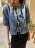 Camicette da donna signore in pizzo a V-torno su dolce camicia in denim a mezza manica primavera 2024 donne vintage jacquard camicetta