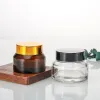 wholesale 15g 30g 50g Amber Glass Jars Empty Container Cosmetic Bottle with White Inner Liners and Black Gold Lids LL