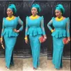 Blue Light Aso Ebi Mermaid Evening Sheer Nigerian Spets Prom Dress Half Sleeves Applices Side Pilit Sexiga formella klänningar Gratis frakt