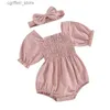 Rompers Listenwind Infant Baby Girl Summer Jumpsuit Solid Color Short Sleeve Square Neck Shirred Romper with Bow Headband L410