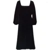 カジュアルドレス2024 S-10XLドレス女性ロングミッドカーフフルランタンスリーブブラックベルベット顧客