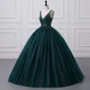 Green Shiny Dark à paillettes en tulle quinceanera robes sexy backless v couche de bal de bal robes de bal en soirée avec corset arrière bm s