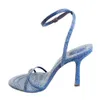 Sandálias de verão nova cabeça redonda Sexy Diamond Metal Denim Moda Sandálias Ultra Thin High Heel Party Party Party Sandals Sexy Sexy Womens J240416