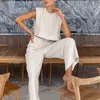 Frauen zweisteuelhafte Hosen Set Frau 2024 ärmellose Tops und Hosen Baumwollwäsche Anzüge lässig Mode aus Urlaub