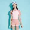 Girl One Piece Swimsuit Short Sleeve Pink Blue Solid 916 Years Teenager Girls Student Children Swimwear Beach Wear 240416