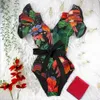 2024 Tryck Sexig baddräkt Kvinnor Badkläder Push Up Monokini Ruffle Swim Suit Bathing Summer Beach Wear Female 240315