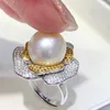 Cluster Rings MeiBaPJ 12-12.5mm Big Natural White Freshwater Pearl Flower Fashion Ring 925 Sterling Silver Fine Wedding Jewelry For Women