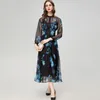 Women's Runway Dresses O Neck Long Sleeves Elastic Waist Printed Floral Fashion High Street Designer Mid Vestidos