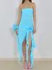 Casual Dresses Women Summer Dress Flower Decor Strapless Frill Irregular Midi See Through Beach Club Sexy Y2K Aesthetic