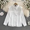 Women voor blouses diamant wit shirt vrouwen kleding losse lange mouwen vaste kleur veelzijdige blouse shirts met een enkele borsten bovenaan mujer