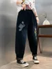 Frauen Jeans bestickte florale Frauen Herbst Patchwork Denim Hosen gewaschen gebleichte elastische Taille Harem Hosen lässig Pantalon Femme