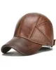 Top Caps 2022 Gerçek Deri Cowhide Beyzbol Kapağı Erkek Erkek Kulak Fleps ile Klasik Marka Blackbrown Gorras Dad Fashion1550901