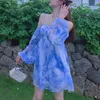 Casual Dresses Summer Fairy Skirt Sea Blue Printed Princess Women'S Fashion And Leisure Trend Lace Up Long Sleeve Bubble Retro