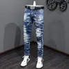 Jeans High Street Street Fashion Spalato Spalato Vintage Blue Elastic Slim Fit Designer Denim Pants Hombr