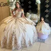 الدانتيل الذهبي قبالة الكتف فساتين quinceanera الكرة ثوب الأزهار الزائفة الدانتيل tull