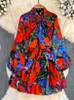 Abiti casual Fashion Rose Floral Dress Floral Dress Turtleneck Collar Collaggio a prua a manica lunga Floro Stampa al ginocchio