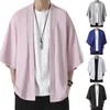 Camisas casuais masculinas Men camisa respirável estilo japonês quimono cardigan cor sólida samurai traje asiático jaqueta 3/4 manga