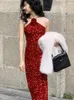 Casual Dresses Women's Sparkling Sequin Velet Dress Sleeveless Bodycon French Vintage Luxury Slim Wrapped Evening Party Vestidos Mujer