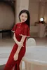 Ethnische Kleidung sexy burgundische Spitze Frauen Qipao Chinesische traditionelle Cheongsam Kleid Vintage Slim Abend Party Klassiker elegantes Vestidos