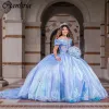 Light Blue 3D Butterfly Organza Ball Gown Quinceanera Dresses Off The Shoulder Appliques Lace Corset Vestidos De 15 Anos