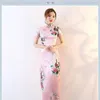 エスニック服プラスサイズ3xl4xl5xl6xl cheongsam print flower qipao womenエレガントな中国スタイルのドレス長い袖のベスチドサテン