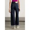 2024 Spring New Refreshing and Simple Mid Waist Elastic Loose Straight Deep Blue Denim Pants Womens Wide Legs