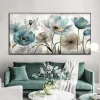 Abstract Vintage Blue White Flower Oil Målning tryckt på Canvas Floral Wall Art Affischer och tryck för vardagsrumsdekoration